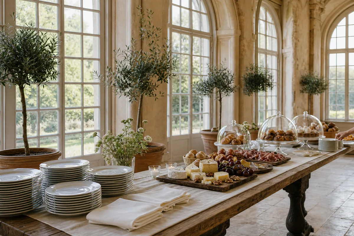 Table de buffet dressée en fin de matinée dans une orangerie de château