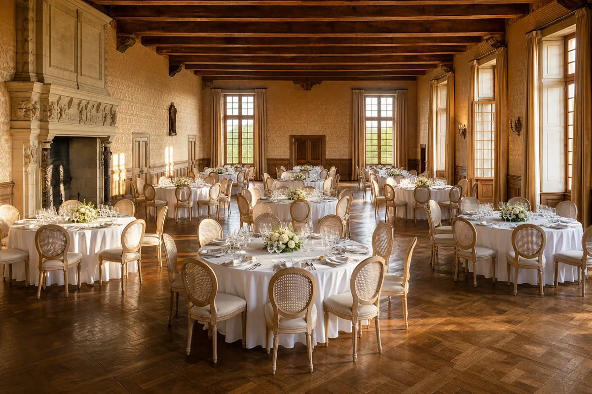 Salle de réception d’un château dressée pour un dîner de mariage, tables rondes nappées et larges allées de circulation