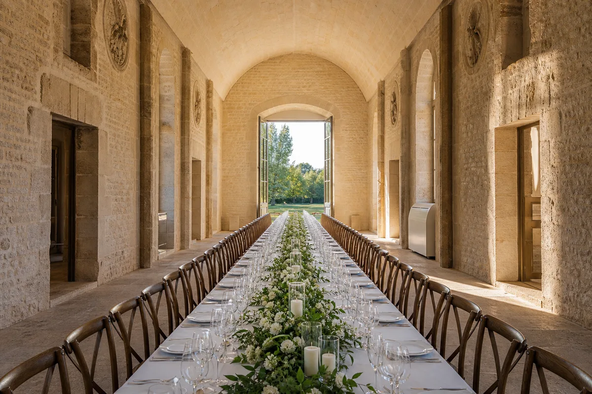 Longue table impériale dressée sous une voûte de pierre dans un château, chemin de table végétal et chaises alignées