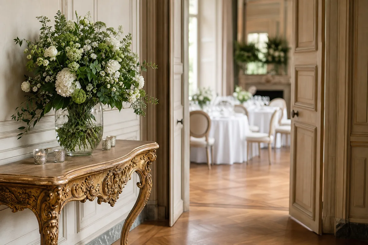 Console fleurie à l’entrée d’une salle de réception de château, doubles portes ouvertes sur les tables dressées