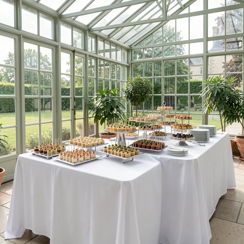 Buffet de mariage dressé sous une orangerie de château, pièces cocktail alignées sur nappe blanche