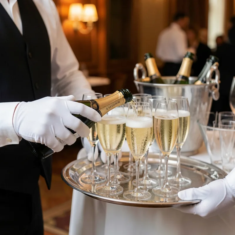 Serveur en gants blancs versant du champagne dans des flûtes alignées sur un plateau