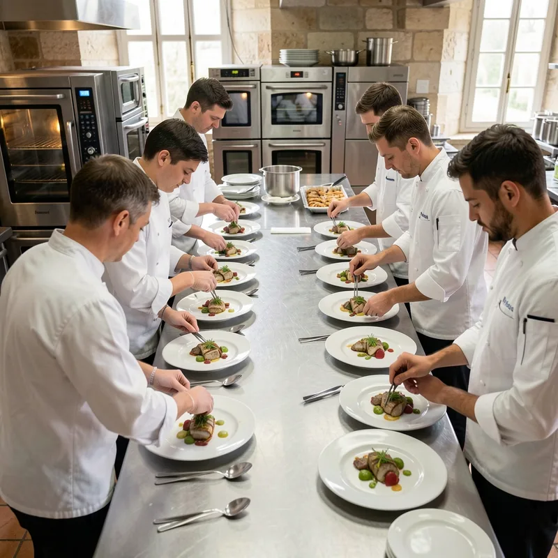 Brigade de cuisine dressant des assiettes gastronomiques dans un office de château